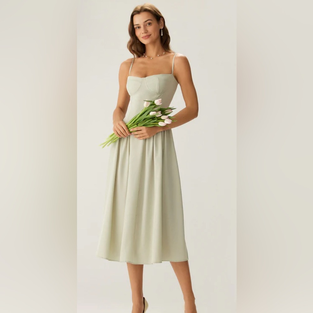 RIHOAS Green Square Neck Pocket Slip Midi Dress